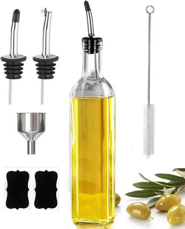 Main image of Leaflai 17oz Olive Oil Dispenser Bottle, 500ml Oil & Vinegar Cruet with 2 Stainless Steel Pourers, 2 Labels,1 Brush and 1 Funnel for Kitchen