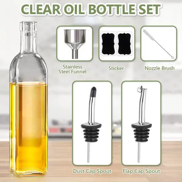 Alt view image 2 of 7 - Leaflai 17oz Olive Oil Dispenser Bottle, 500ml Oil & Vinegar Cruet with 2 Stainless Steel Pourers, 2 Labels,1 Brush and 1 Funnel for Kitchen