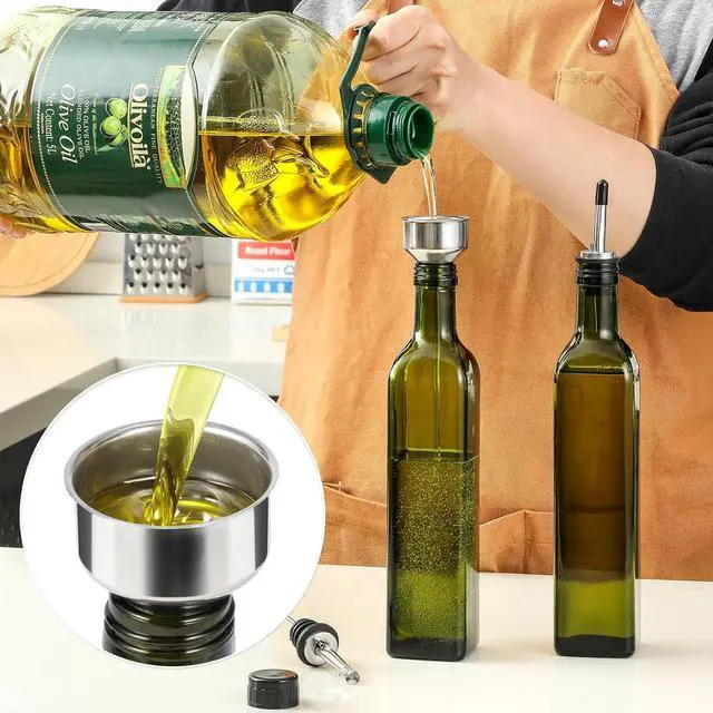Alt view image 3 of 7 - AOZITA 17oz Glass Olive Oil Bottle Dispenser - 500ml Green Oil and Vinegar Cruet with Pourers and Funnel - Olive Oil Carafe Decanter for Kitchen