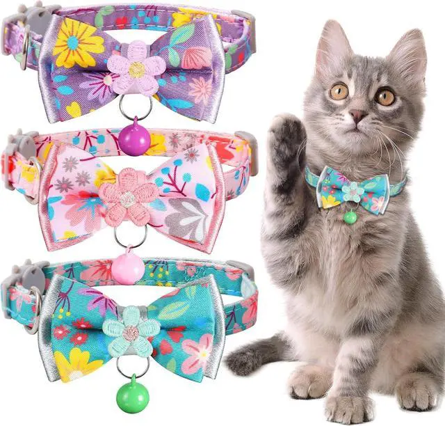 Main image of Cat Collar Breakaway, HYQHYX Floral Kitten Collar with Bell, Cute Cat Collar with Bow for Girl Boy Removable Bowtie