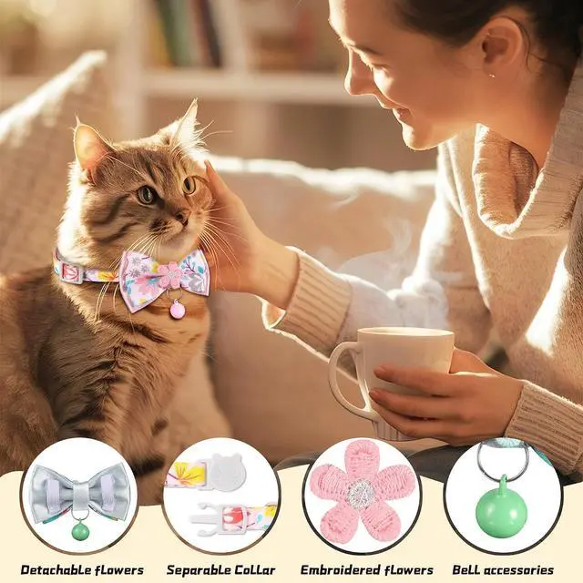 Alt view image 2 of 7 - Cat Collar Breakaway, HYQHYX Floral Kitten Collar with Bell, Cute Cat Collar with Bow for Girl Boy Removable Bowtie