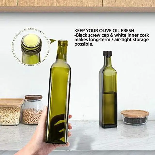 Alt view image 4 of 7 - AOZITA 17oz Glass Olive Oil Bottle Dispenser - 500ml Green Oil and Vinegar Cruet with Pourers and Funnel - Olive Oil Carafe Decanter for Kitchen