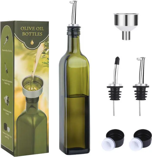 Main image of AOZITA 17oz Glass Olive Oil Bottle Dispenser - 500ml Green Oil and Vinegar Cruet with Pourers and Funnel - Olive Oil Carafe Decanter for Kitchen