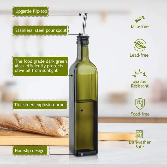 Alt view image 2 of 7 - AOZITA 17oz Glass Olive Oil Bottle Dispenser - 500ml Green Oil and Vinegar Cruet with Pourers and Funnel - Olive Oil Carafe Decanter for Kitchen