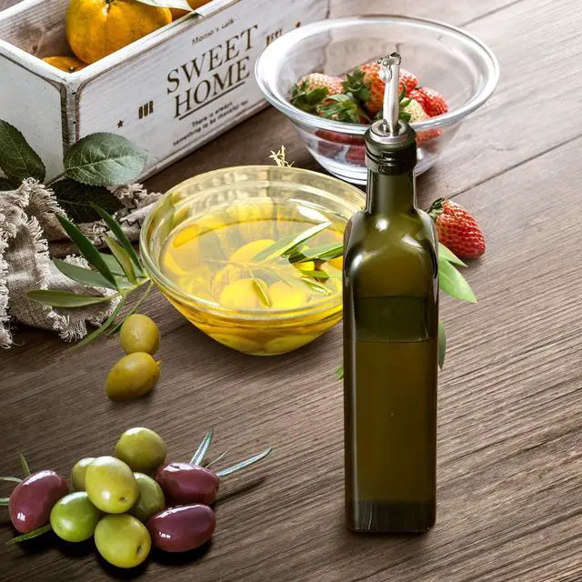 Alt view image 7 of 7 - AOZITA 17oz Glass Olive Oil Bottle Dispenser - 500ml Green Oil and Vinegar Cruet with Pourers and Funnel - Olive Oil Carafe Decanter for Kitchen