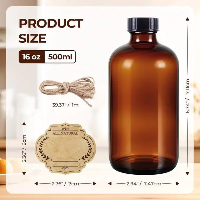 Alt view image 2 of 7 - 3 Pack,16 OZ Amber Glass Bottles Boston Round Sample Refillable Bottles with Black Caps, Perfect Glass Containers for kombucha, Secondary Fermentation,Storing condiment,Homemade Essential Oils