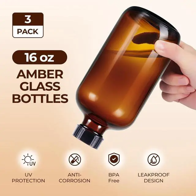 Alt view image 3 of 7 - 3 Pack,16 OZ Amber Glass Bottles Boston Round Sample Refillable Bottles with Black Caps, Perfect Glass Containers for kombucha, Secondary Fermentation,Storing condiment,Homemade Essential Oils