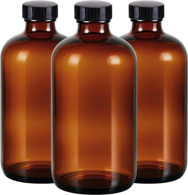 Main image of 3 Pack,16 OZ Amber Glass Bottles Boston Round Sample Refillable Bottles with Black Caps, Perfect Glass Containers for kombucha, Secondary Fermentation,Storing condiment,Homemade Essential Oils