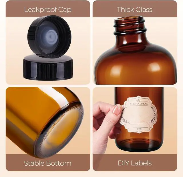 Alt view image 5 of 7 - 3 Pack,16 OZ Amber Glass Bottles Boston Round Sample Refillable Bottles with Black Caps, Perfect Glass Containers for kombucha, Secondary Fermentation,Storing condiment,Homemade Essential Oils