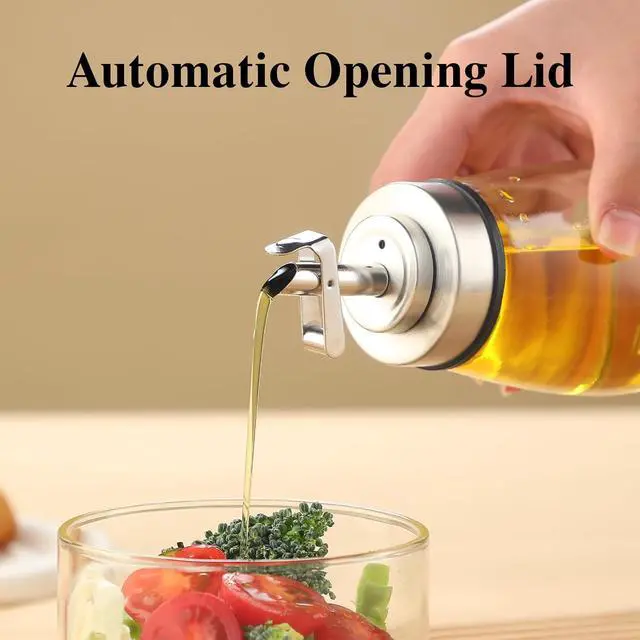 Alt view image 2 of 7 - Glass Oil Dispenser Bottle with Stainless Steel Spout, Automatic Opening Lid, for Cooking Oil, Vinegar, Sauces, Syrup, 6OZ