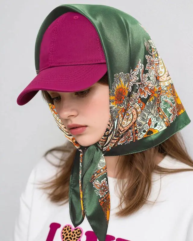 Alt view image 3 of 6 - AWAYTR 27.5-Inch Satin Head Scarf for Women, Square Silk Hair Bandana | Pattern visible on both sides for styling as a hair wrap, ponytail scarf, purse scarf, handbag accessory, or neck tie.