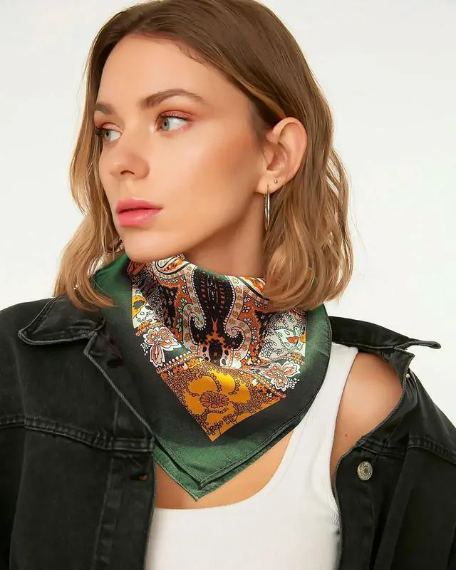 Alt view image 4 of 6 - AWAYTR 27.5-Inch Satin Head Scarf for Women, Square Silk Hair Bandana | Pattern visible on both sides for styling as a hair wrap, ponytail scarf, purse scarf, handbag accessory, or neck tie.