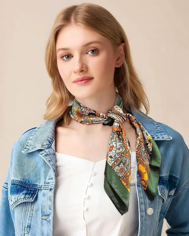 Alt view image 5 of 6 - AWAYTR 27.5-Inch Satin Head Scarf for Women, Square Silk Hair Bandana | Pattern visible on both sides for styling as a hair wrap, ponytail scarf, purse scarf, handbag accessory, or neck tie.