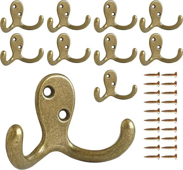 Main image of CBWLWJ 10 Pack Coat Hooks Wall Hooks for Hanging, Heavy Duty Double Prong Metal Hook Wall Mounted for Living Room, Bathroom, Kitchen, Bedroom for Coat, Bag, Scarf, Towel, Hat, Key, Cup (Bronze)