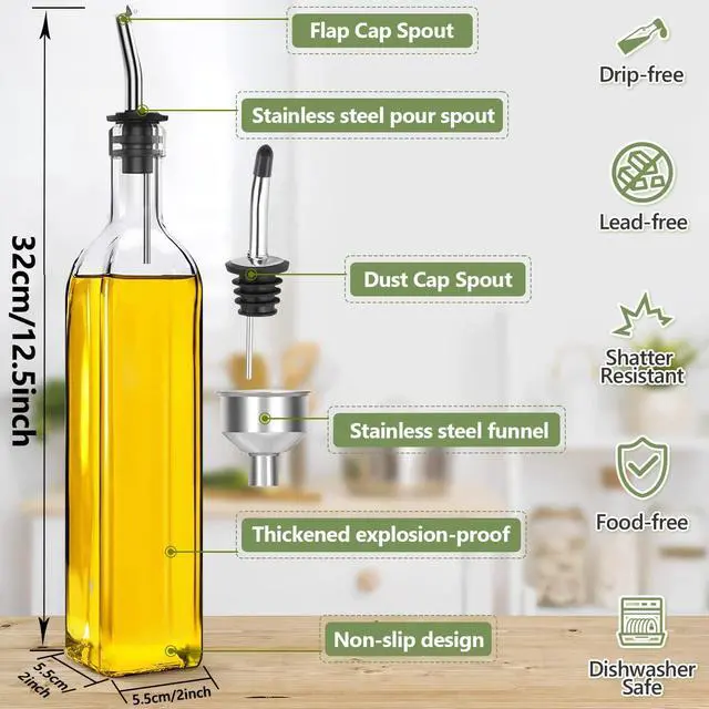 Alt view image 3 of 7 - Leaflai 17oz Olive Oil Dispenser Bottle, 500ml Oil & Vinegar Cruet with 2 Stainless Steel Pourers, 2 Labels,1 Brush and 1 Funnel for Kitchen