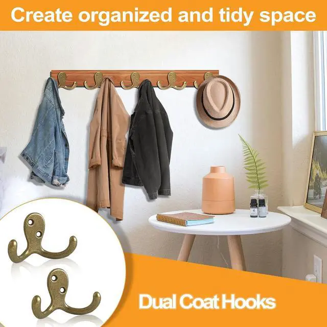 Alt view image 4 of 7 - CBWLWJ 10 Pack Coat Hooks Wall Hooks for Hanging, Heavy Duty Double Prong Metal Hook Wall Mounted for Living Room, Bathroom, Kitchen, Bedroom for Coat, Bag, Scarf, Towel, Hat, Key, Cup (Bronze)