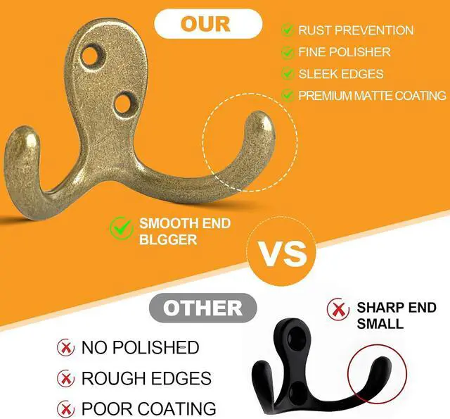 Alt view image 5 of 7 - CBWLWJ 10 Pack Coat Hooks Wall Hooks for Hanging, Heavy Duty Double Prong Metal Hook Wall Mounted for Living Room, Bathroom, Kitchen, Bedroom for Coat, Bag, Scarf, Towel, Hat, Key, Cup (Bronze)