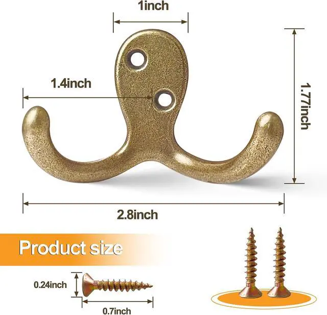 Alt view image 6 of 7 - CBWLWJ 10 Pack Coat Hooks Wall Hooks for Hanging, Heavy Duty Double Prong Metal Hook Wall Mounted for Living Room, Bathroom, Kitchen, Bedroom for Coat, Bag, Scarf, Towel, Hat, Key, Cup (Bronze)