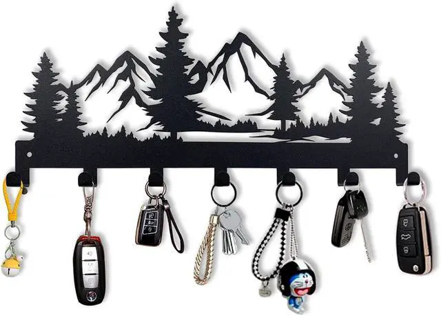 Main image of Metal Key Holder, Wall Mounted Key Hooks, Key Holder for Wall, Key Organizer Rack with 7 Hooks, Key Hanger Decor for Kitchen, Entryway, Hallway, Bedroom, Doorway (Mountain 12IN)