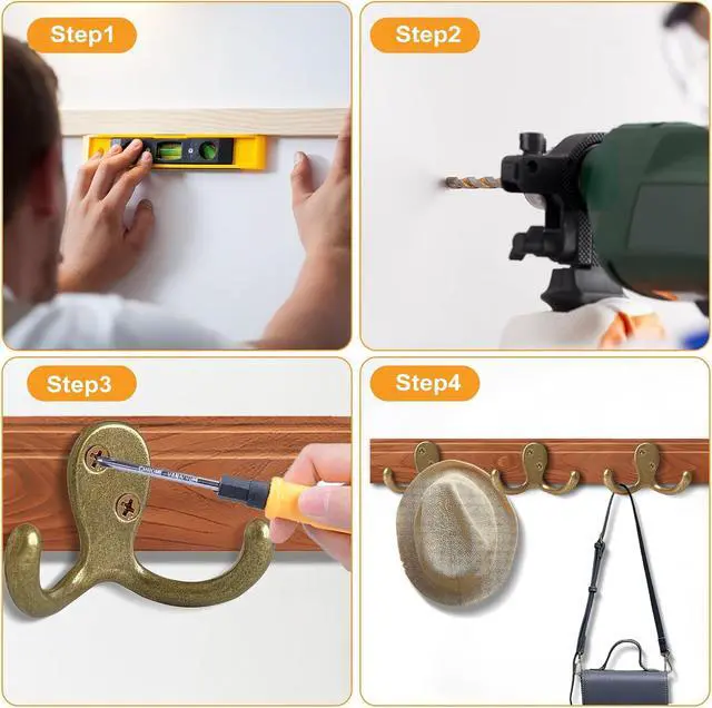 Alt view image 7 of 7 - CBWLWJ 10 Pack Coat Hooks Wall Hooks for Hanging, Heavy Duty Double Prong Metal Hook Wall Mounted for Living Room, Bathroom, Kitchen, Bedroom for Coat, Bag, Scarf, Towel, Hat, Key, Cup (Bronze)