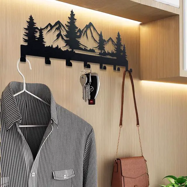 Alt view image 5 of 7 - Metal Key Holder, Wall Mounted Key Hooks, Key Holder for Wall, Key Organizer Rack with 7 Hooks, Key Hanger Decor for Kitchen, Entryway, Hallway, Bedroom, Doorway (Mountain 12IN)