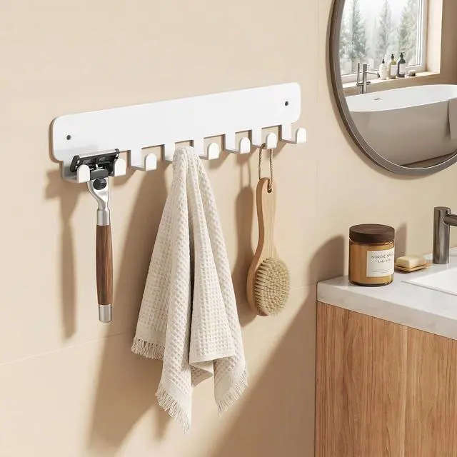 Alt view image 4 of 7 - pickpiff Key Holder Wall Mount, Adhesive Key Rack with 8 Hooks Hanger for Car Key Ring, Metal Key Chain Organizer, White 1 Pack
