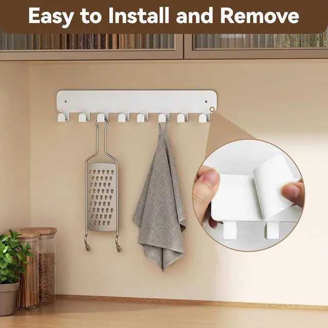 Alt view image 6 of 7 - pickpiff Key Holder Wall Mount, Adhesive Key Rack with 8 Hooks Hanger for Car Key Ring, Metal Key Chain Organizer, White 1 Pack