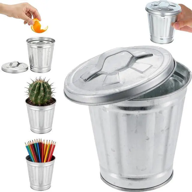 Main image of 1Pcs Sliver Mini Galvanized Trash Can Desktop Metal Wastebasket Garbage Bin Waste Paper Basket Trash Can Pencil Holder Pen Cup Makeup Brush Holder with Lid for All