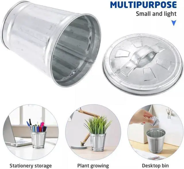 Alt view image 4 of 7 - 1Pcs Sliver Mini Galvanized Trash Can Desktop Metal Wastebasket Garbage Bin Waste Paper Basket Trash Can Pencil Holder Pen Cup Makeup Brush Holder with Lid for All