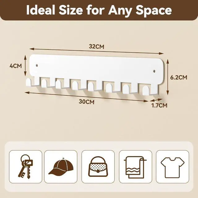Alt view image 7 of 7 - pickpiff Key Holder Wall Mount, Adhesive Key Rack with 8 Hooks Hanger for Car Key Ring, Metal Key Chain Organizer, White 1 Pack
