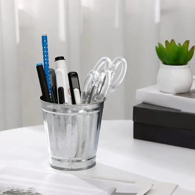 Alt view image 5 of 7 - 1Pcs Sliver Mini Galvanized Trash Can Desktop Metal Wastebasket Garbage Bin Waste Paper Basket Trash Can Pencil Holder Pen Cup Makeup Brush Holder with Lid for All