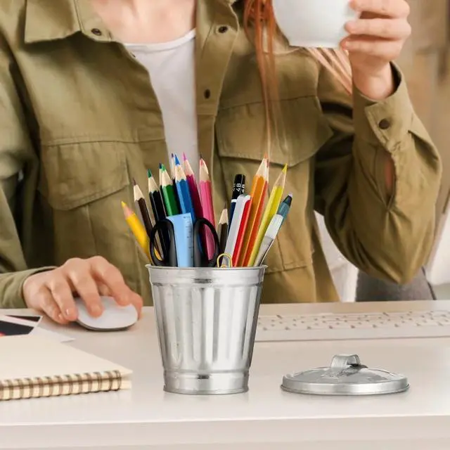 Alt view image 6 of 7 - 1Pcs Sliver Mini Galvanized Trash Can Desktop Metal Wastebasket Garbage Bin Waste Paper Basket Trash Can Pencil Holder Pen Cup Makeup Brush Holder with Lid for All