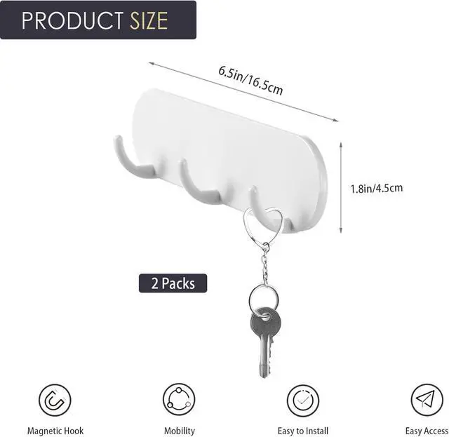 Alt view image 2 of 6 - 2-Pack Magnetic Key Holder with 3 Hooks for Refrigerator, Kitchen, and Laundry Rooms