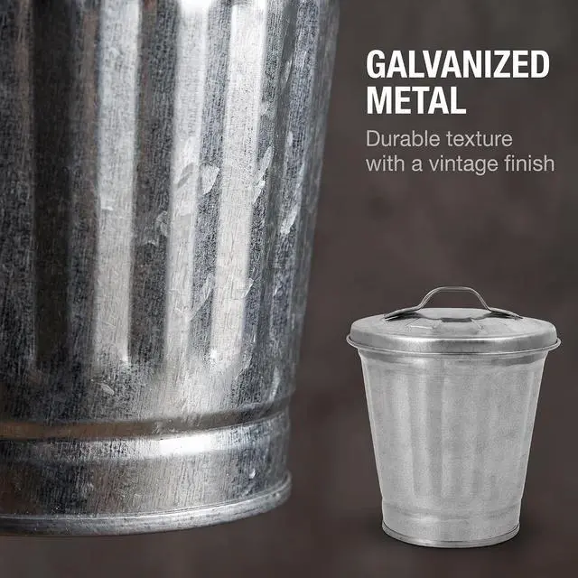 Alt view image 4 of 7 - Silver Mini Galvanized Metal Trash Can with Lid, Tabletop Wastebasket,Pen Holder, for Desk Pencil Holder for Office,School,Dorm Room&Vanity, Desk Accessories (3.7 x 3.5 x 2.5 inches)