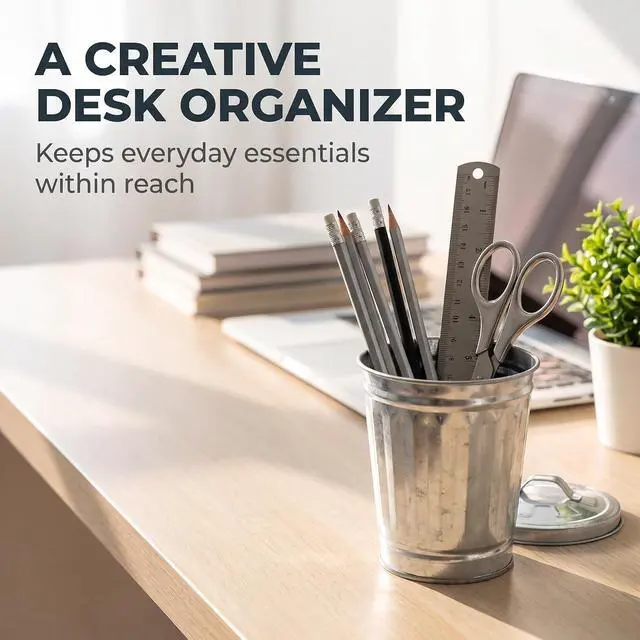 Alt view image 3 of 7 - Silver Mini Galvanized Metal Trash Can with Lid, Tabletop Wastebasket,Pen Holder, for Desk Pencil Holder for Office,School,Dorm Room&Vanity, Desk Accessories (3.7 x 3.5 x 2.5 inches)