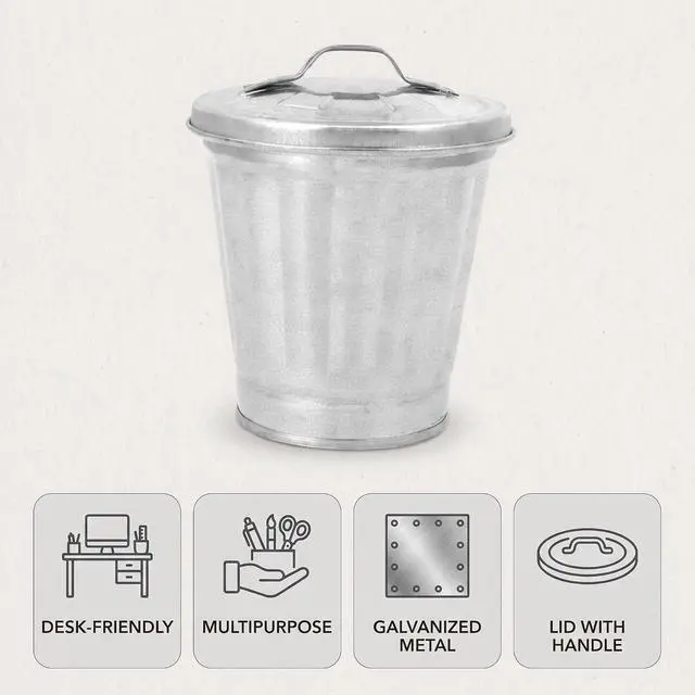 Alt view image 2 of 7 - Silver Mini Galvanized Metal Trash Can with Lid, Tabletop Wastebasket,Pen Holder, for Desk Pencil Holder for Office,School,Dorm Room&Vanity, Desk Accessories (3.7 x 3.5 x 2.5 inches)