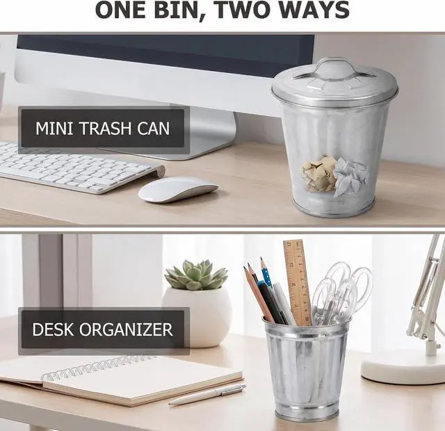 Alt view image 4 of 7 - Silver Mini Galvanized Trash Can with Lid, Mini Wastebasket Small Metal Buckets with Lids Mini Tabletop Metal Rubbish Bin Flower Pot Pen Holde Trash, Wastebaskets, 3.74"