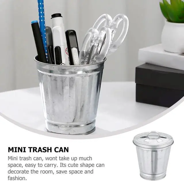 Alt view image 5 of 7 - Silver Mini Galvanized Trash Can with Lid, Mini Wastebasket Small Metal Buckets with Lids Mini Tabletop Metal Rubbish Bin Flower Pot Pen Holde Trash, Wastebaskets, 3.74"