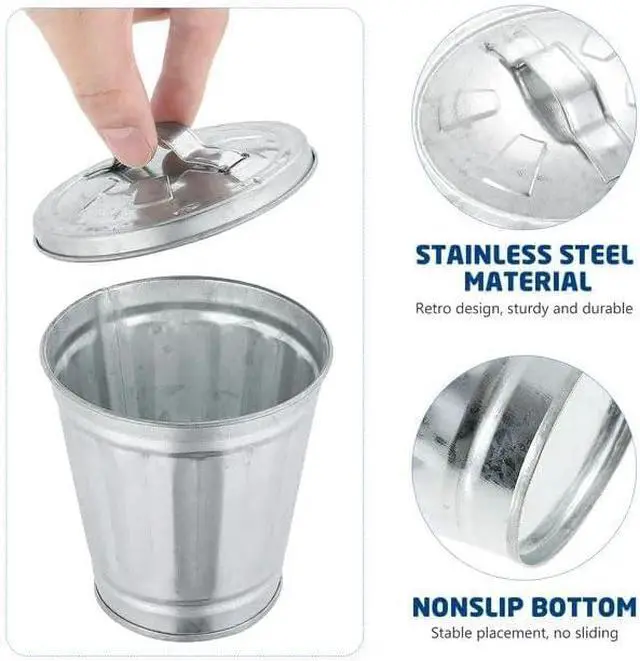 Alt view image 7 of 7 - Silver Mini Galvanized Trash Can with Lid, Mini Wastebasket Small Metal Buckets with Lids Mini Tabletop Metal Rubbish Bin Flower Pot Pen Holde Trash, Wastebaskets, 3.74"