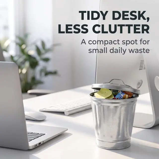 Alt view image 5 of 7 - Silver Mini Galvanized Metal Trash Can with Lid, Tabletop Wastebasket,Pen Holder, for Desk Pencil Holder for Office,School,Dorm Room&Vanity, Desk Accessories (3.7 x 3.5 x 2.5 inches)