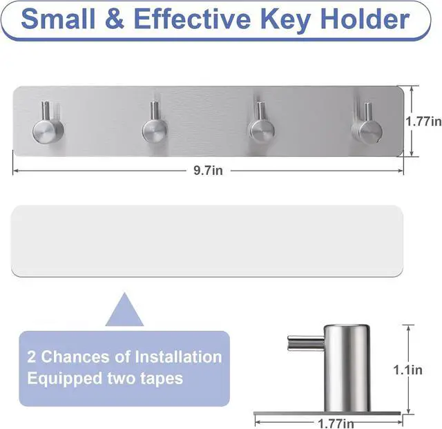 Alt view image 2 of 6 - Key Holder with 4 Hooks,Adhesive Key Hanger Organizer for Wall Mount | Metal Key Rack with 2 Self-Adhesive Tapes for Entryway, Door, Bathroom, Kitchen(Silver)