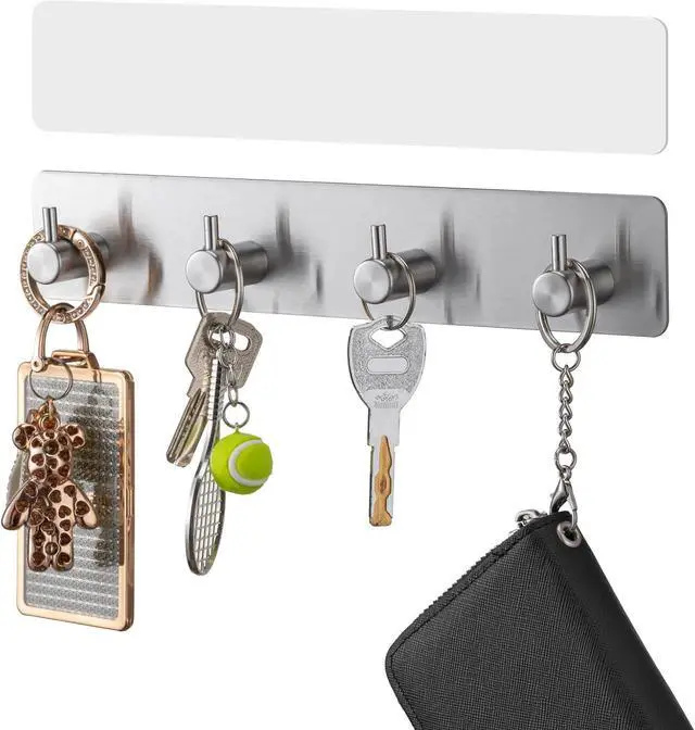Main image of Key Holder with 4 Hooks,Adhesive Key Hanger Organizer for Wall Mount | Metal Key Rack with 2 Self-Adhesive Tapes for Entryway, Door, Bathroom, Kitchen(Silver)