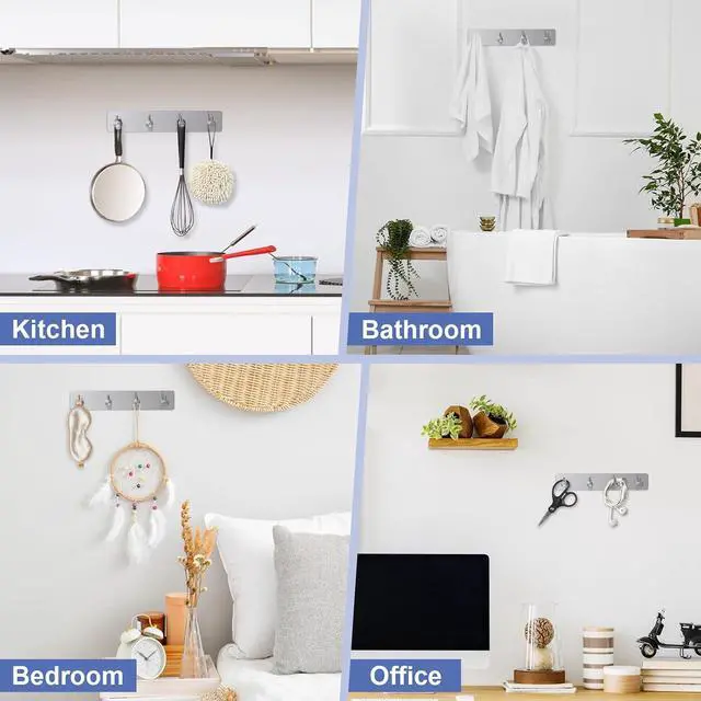 Alt view image 4 of 6 - Key Holder with 4 Hooks,Adhesive Key Hanger Organizer for Wall Mount | Metal Key Rack with 2 Self-Adhesive Tapes for Entryway, Door, Bathroom, Kitchen(Silver)