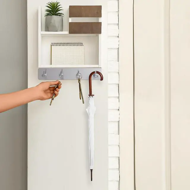 Alt view image 3 of 6 - Key Holder with 4 Hooks,Adhesive Key Hanger Organizer for Wall Mount | Metal Key Rack with 2 Self-Adhesive Tapes for Entryway, Door, Bathroom, Kitchen(Silver)