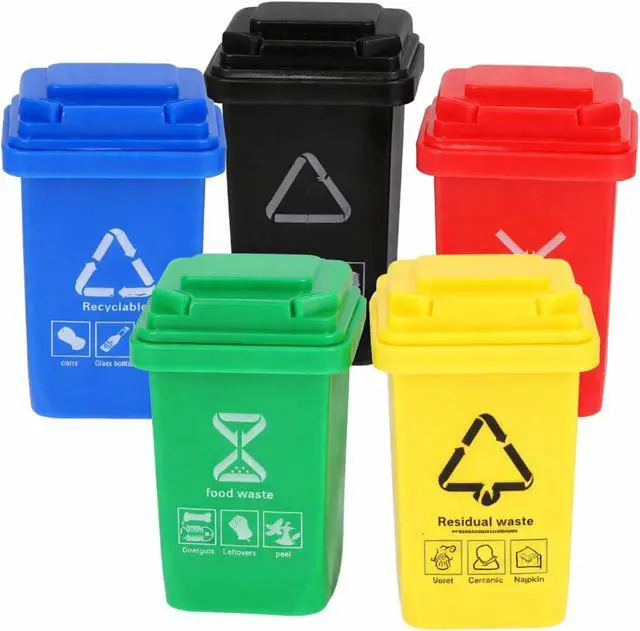 Main image of 5Pcs Colorful Tiny Recycle Bin for Desk, Garbage Trash Pen Holder, Recycle Bin Pencil Holder, Miniature Garbage Truck's Trash Cans, Unique Small Trash Can Truck Toy with Lid Wheels, Decorations