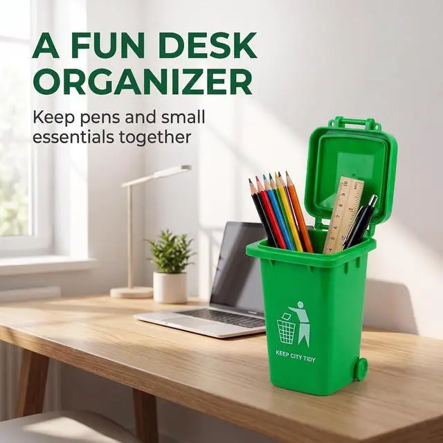 Alt view image 4 of 7 - 3 Pcs Colorful Tiny Recycle Bin for Desk, Garbage Trash Pen Holder, Recycle Bin Pencil Holder, Miniature Garbage Truck's Trash Cans, Unique Small Trash Can Truck Toy with Lid Wheels