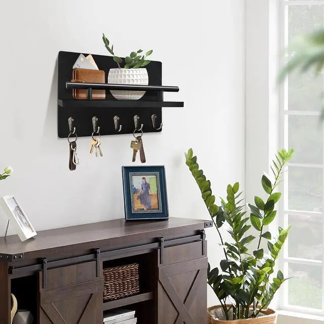 Alt view image 2 of 7 - Key Holder Wall Mount with Shelf & 5 Sturdy Hooks, Rustic | Mail Organizer Hanging Dog Leash, Glasses, Wooden Key Hanger with Mounting Hardware