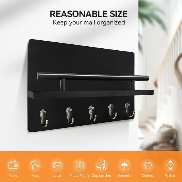 Alt view image 3 of 7 - Key Holder Wall Mount with Shelf & 5 Sturdy Hooks, Rustic | Mail Organizer Hanging Dog Leash, Glasses, Wooden Key Hanger with Mounting Hardware