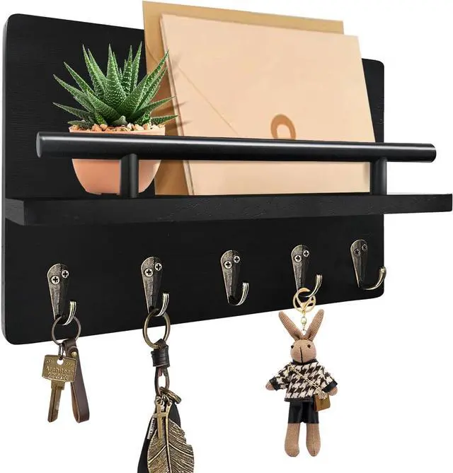 Main image of Key Holder Wall Mount with Shelf & 5 Sturdy Hooks, Rustic | Mail Organizer Hanging Dog Leash, Glasses, Wooden Key Hanger with Mounting Hardware
