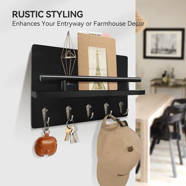 Alt view image 5 of 7 - Key Holder Wall Mount with Shelf & 5 Sturdy Hooks, Rustic | Mail Organizer Hanging Dog Leash, Glasses, Wooden Key Hanger with Mounting Hardware